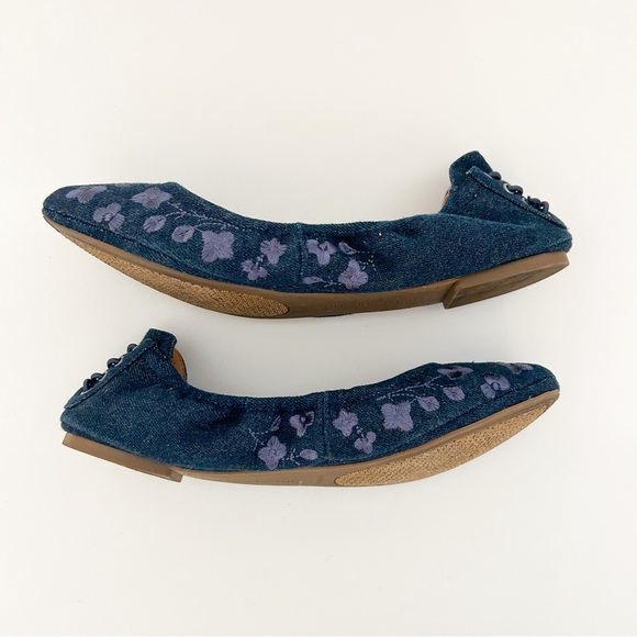 Lucky Brand Echo 2 Blue Denim Floral Print Embroidered Lace Up Back Ballet Flats - Picture 5 of 8